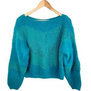 Vintage Angora Cotton Sweater Women Medium Blue Teal Aqua Turquoise Fuzzy Knit